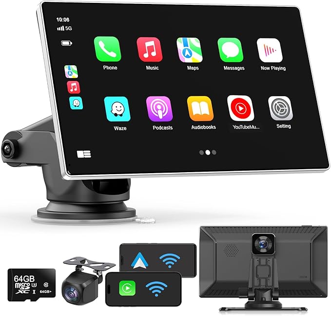 9" Portable Apple CarPlay & Android Auto Touchscreen — Wireless CarPlay + Backup Camera + 4K Dash Cam