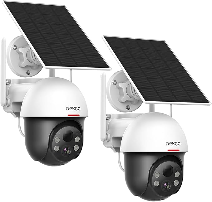 DEKCO Outdoor Security Camera Wireless, Camera Surveillance Exterieur, Solar and Battery Powered, Panoramic Pan Tilt Zoom, Auto Tracking, 2K Night Vision, Spotlight, 2-Way Talk, 2 Pack