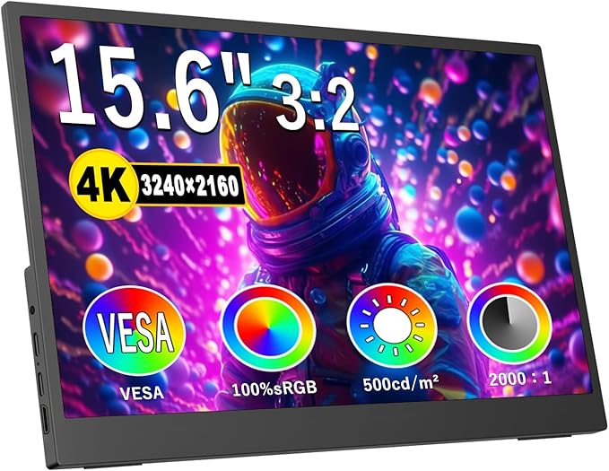 Portable Monitor 15.6inch 4K,3240 * 2160 Ultra-Slim Computer Gaming Monitor, 4K Monitor,500cd,100% sRGB w/45° Adjustable Stand,Standard HDMI USB-C Computer Display,for Laptop PC Phone Mac